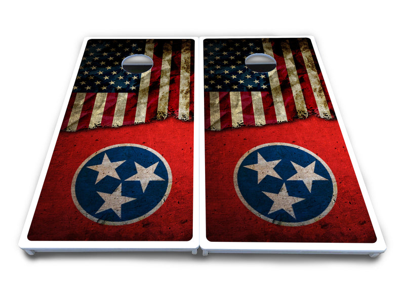 Waterproof - Tennessee / USA Flag Design - All Weather Boards "Outdoor Solution" 18mm(3/4")Direct UV Printed - Regulation 2' by 4' Cornhole Boards (Set of 2 Boards) Double Thick Legs, with Leg Brace & Dual Support Braces!