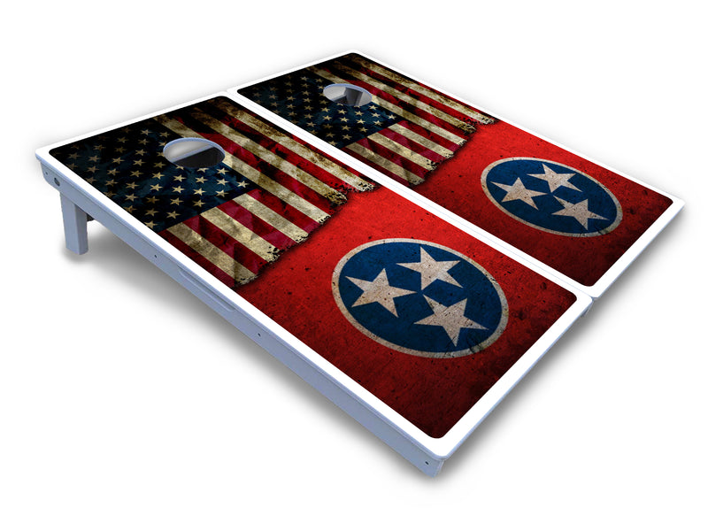 Waterproof - Tennessee / USA Flag Design - All Weather Boards "Outdoor Solution" 18mm(3/4")Direct UV Printed - Regulation 2' by 4' Cornhole Boards (Set of 2 Boards) Double Thick Legs, with Leg Brace & Dual Support Braces!