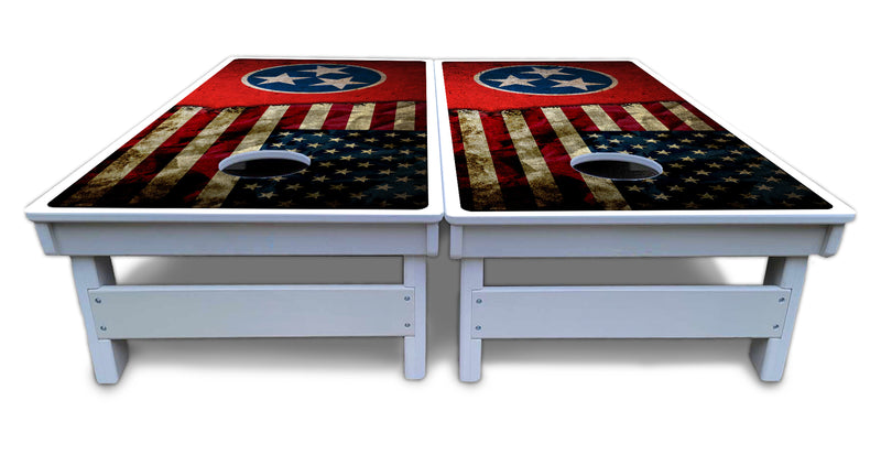 Waterproof - Tennessee / USA Flag Design - All Weather Boards "Outdoor Solution" 18mm(3/4")Direct UV Printed - Regulation 2' by 4' Cornhole Boards (Set of 2 Boards) Double Thick Legs, with Leg Brace & Dual Support Braces!