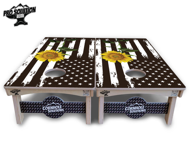 Pro Solution Elite - Sunflower Flag Design - Professional Tournament Cornhole Boards 3/4" Baltic Birch - Zero Bounce Zero Movement Vertical Interlocking Braces for Extra Weight & Stability +Double Thick Legs +Airmail Blocker