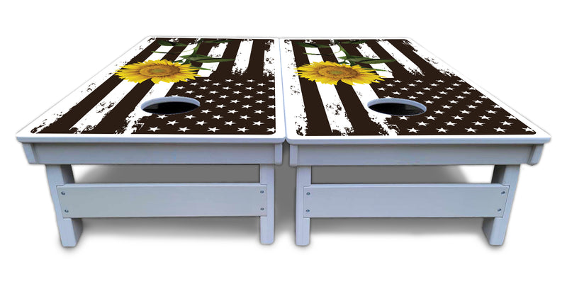 Waterproof - Sunflower Flag Design - All Weather Boards "Outdoor Solution" 18mm(3/4")Direct UV Printed - Regulation 2' by 4' Cornhole Boards (Set of 2 Boards) Double Thick Legs, with Leg Brace & Dual Support Braces!