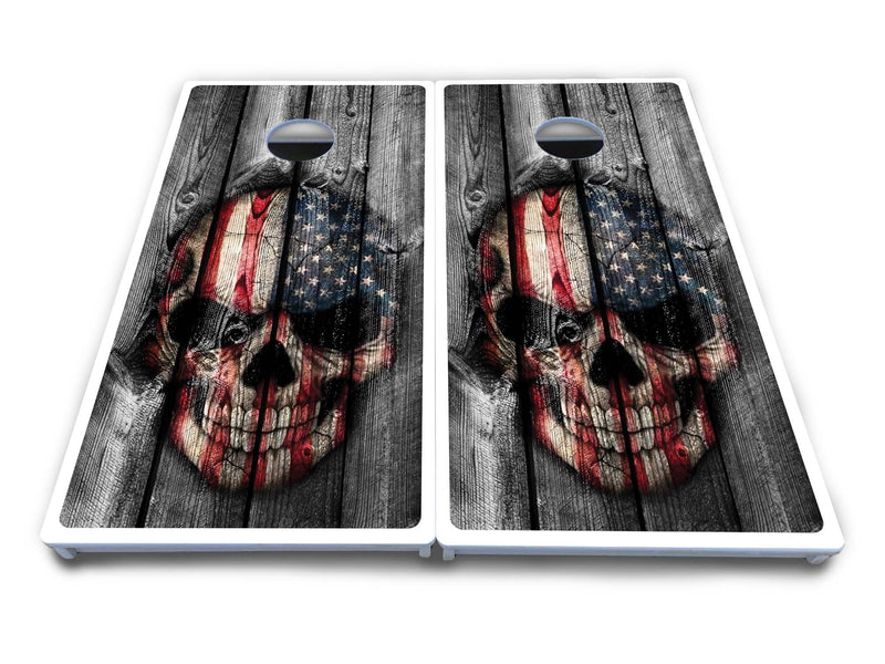Waterproof - Skull Flag Rustic Background - All Weather Boards "Outdoor Solution" 18mm(3/4")Direct UV Printed - Regulation 2' by 4' Cornhole Boards (Set of 2 Boards) Double Thick Legs, with Leg Brace & Dual Support Braces!