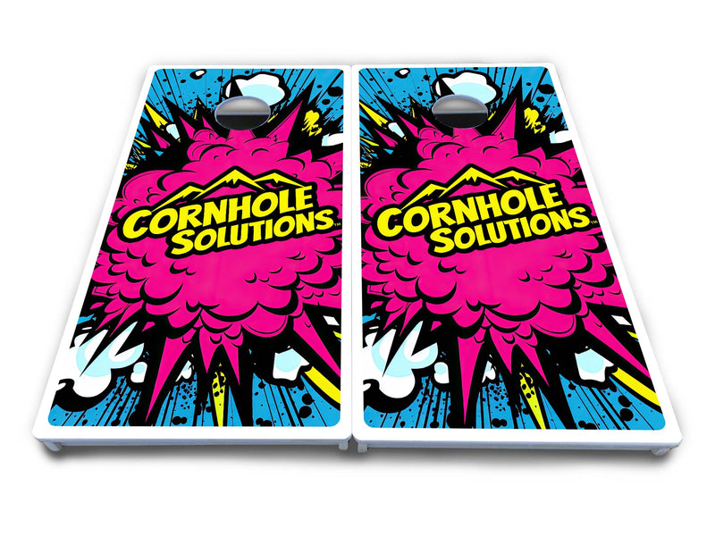 Waterproof - Pink Explosion Design - All Weather Boards "Outdoor Solution" 18mm(3/4")Direct UV Printed - Regulation 2' by 4' Cornhole Boards (Set of 2 Boards) Double Thick Legs, with Leg Brace & Dual Support Braces!