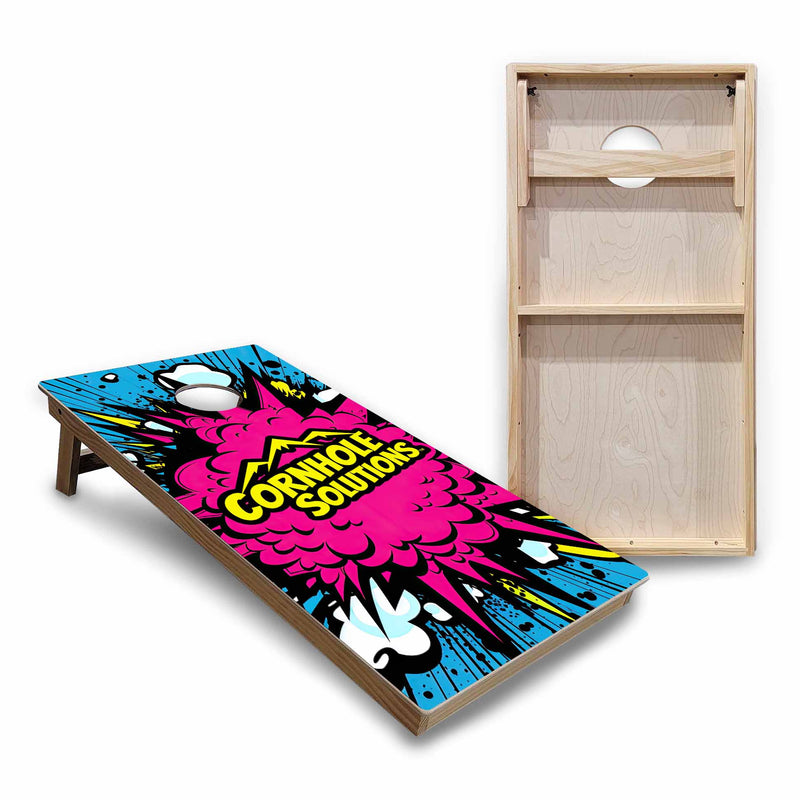 Backyard Solution Boards - Comic Explosion - Regulation 2'x4' Boards - 15mm Baltic Birch Tops - Solid Wood Frames + Folding Legs w/Brace + (1) Support Brace + UV Direct Print + UV Clear Coat