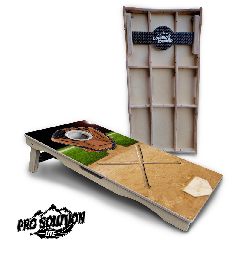 Pro Solution Lite - Baseball Theme Design - Professional Tournament Cornhole Boards 3/4" Baltic Birch - Zero Bounce Zero Movement Vertical Interlocking Braces for Extra Weight & Stability +Double Thick Legs +Airmail Blocker