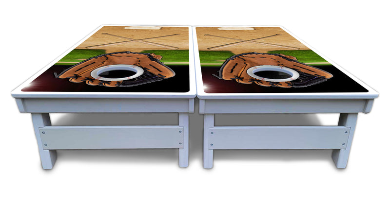 Waterproof - Baseball Theme Design - All Weather Boards "Outdoor Solution" 18mm(3/4")Direct UV Printed - Regulation 2' by 4' Cornhole Boards (Set of 2 Boards) Double Thick Legs, with Leg Brace & Dual Support Braces!