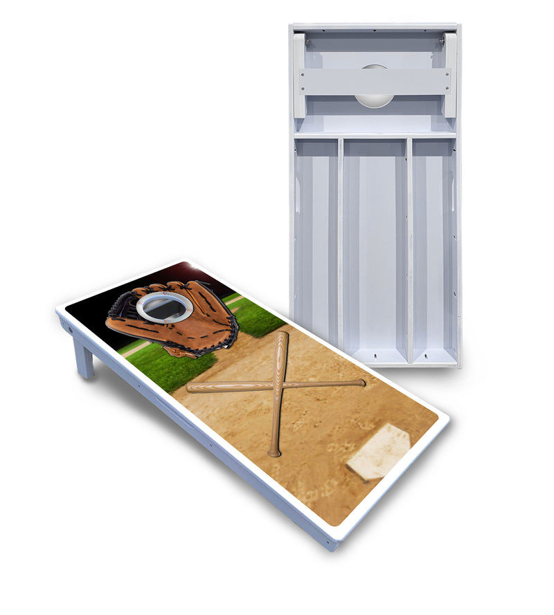 Waterproof - Baseball Theme Design - All Weather Boards "Outdoor Solution" 18mm(3/4")Direct UV Printed - Regulation 2' by 4' Cornhole Boards (Set of 2 Boards) Double Thick Legs, with Leg Brace & Dual Support Braces!