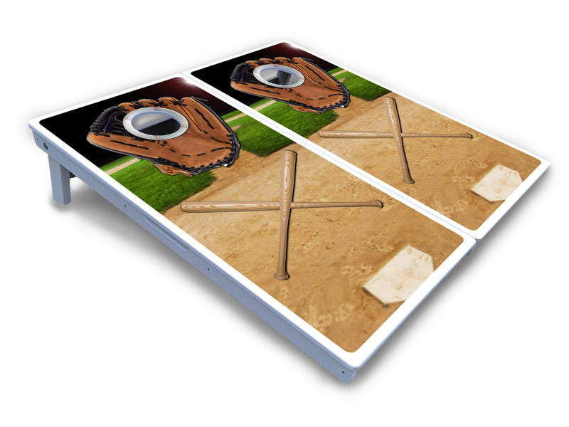 Waterproof - Baseball Theme Design - All Weather Boards "Outdoor Solution" 18mm(3/4")Direct UV Printed - Regulation 2' by 4' Cornhole Boards (Set of 2 Boards) Double Thick Legs, with Leg Brace & Dual Support Braces!