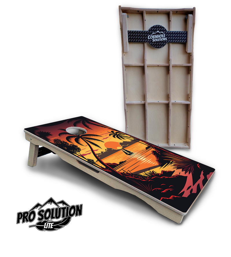 Pro Solution Elite - Beach Sunset Ai Design Options - Professional Tournament Cornhole Boards 3/4" Baltic Birch - Zero Bounce Zero Movement Vertical Interlocking Braces for Extra Weight & Stability +Double Thick Legs +Airmail Blocker