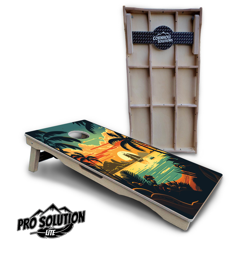 Pro Solution Elite - Beach Sunset Ai Design Options - Professional Tournament Cornhole Boards 3/4" Baltic Birch - Zero Bounce Zero Movement Vertical Interlocking Braces for Extra Weight & Stability +Double Thick Legs +Airmail Blocker