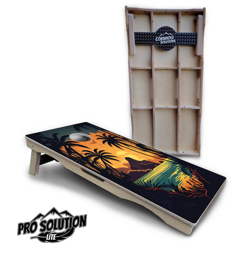 Pro Solution Elite - Beach Sunset Ai Design Options - Professional Tournament Cornhole Boards 3/4" Baltic Birch - Zero Bounce Zero Movement Vertical Interlocking Braces for Extra Weight & Stability +Double Thick Legs +Airmail Blocker