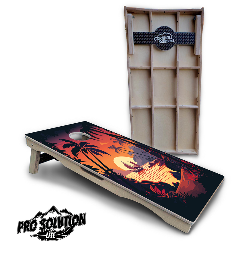 Pro Solution Elite - Beach Sunset Ai Design Options - Professional Tournament Cornhole Boards 3/4" Baltic Birch - Zero Bounce Zero Movement Vertical Interlocking Braces for Extra Weight & Stability +Double Thick Legs +Airmail Blocker