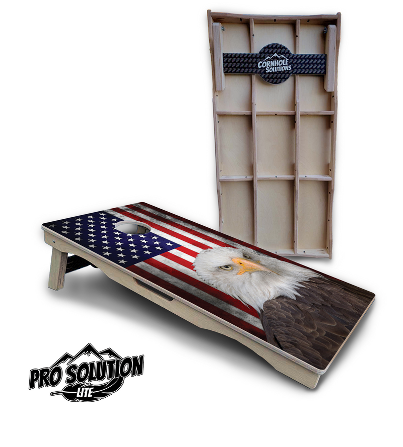 Pro Solution Lite - Eagle USA Flag - Professional Tournament Cornhole Boards 3/4" Baltic Birch - Zero Bounce Zero Movement Vertical Interlocking Braces for Extra Weight & Stability +Double Thick Legs +Airmail Blocker