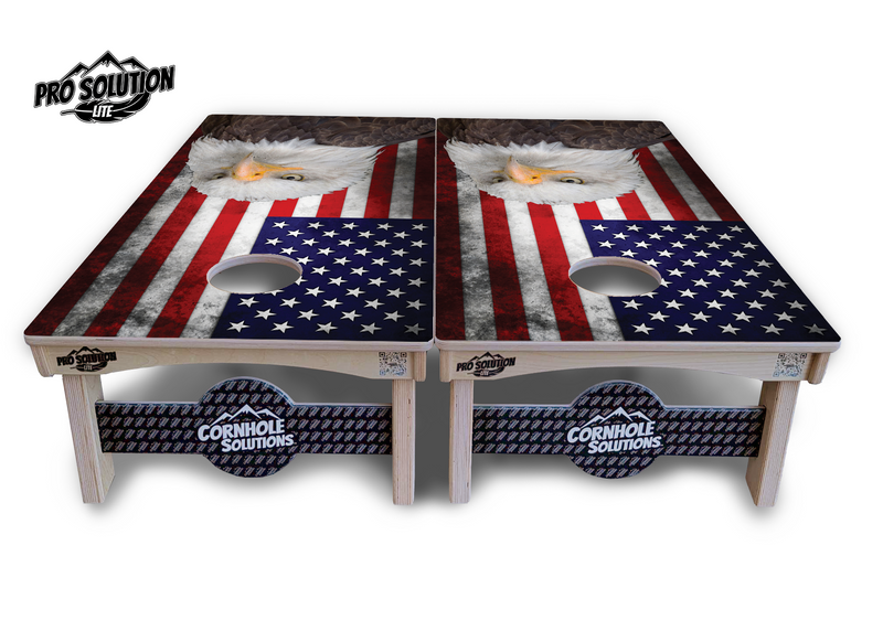 Pro Solution Lite - Eagle USA Flag - Professional Tournament Cornhole Boards 3/4" Baltic Birch - Zero Bounce Zero Movement Vertical Interlocking Braces for Extra Weight & Stability +Double Thick Legs +Airmail Blocker