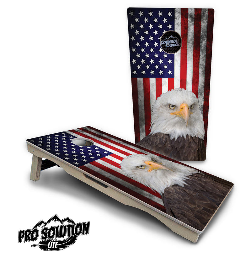 Pro Solution Lite - Eagle USA Flag - Professional Tournament Cornhole Boards 3/4" Baltic Birch - Zero Bounce Zero Movement Vertical Interlocking Braces for Extra Weight & Stability +Double Thick Legs +Airmail Blocker