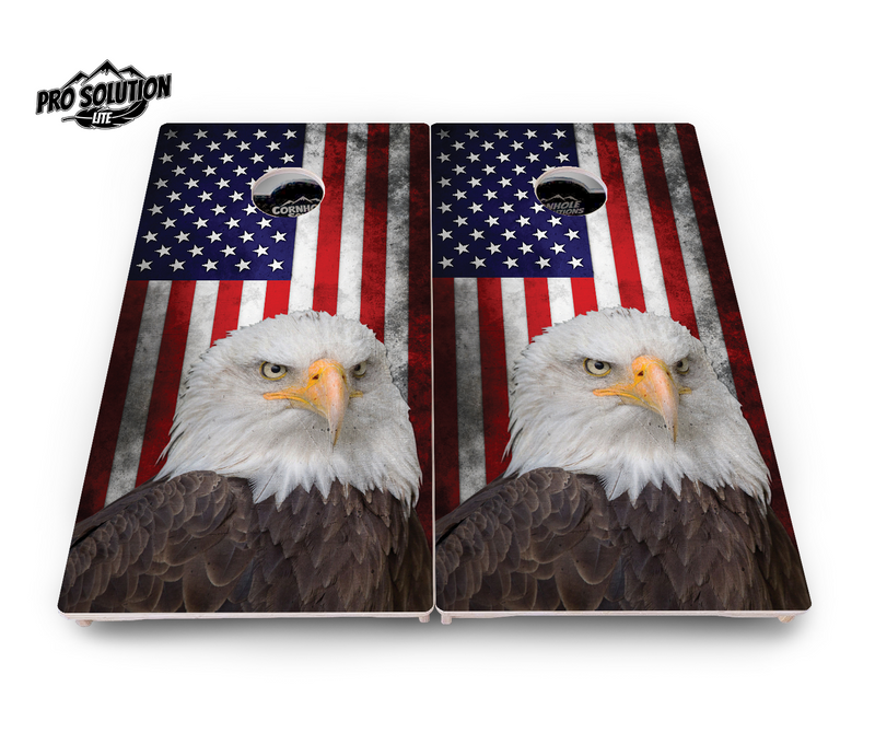 Pro Solution Lite - Eagle USA Flag - Professional Tournament Cornhole Boards 3/4" Baltic Birch - Zero Bounce Zero Movement Vertical Interlocking Braces for Extra Weight & Stability +Double Thick Legs +Airmail Blocker