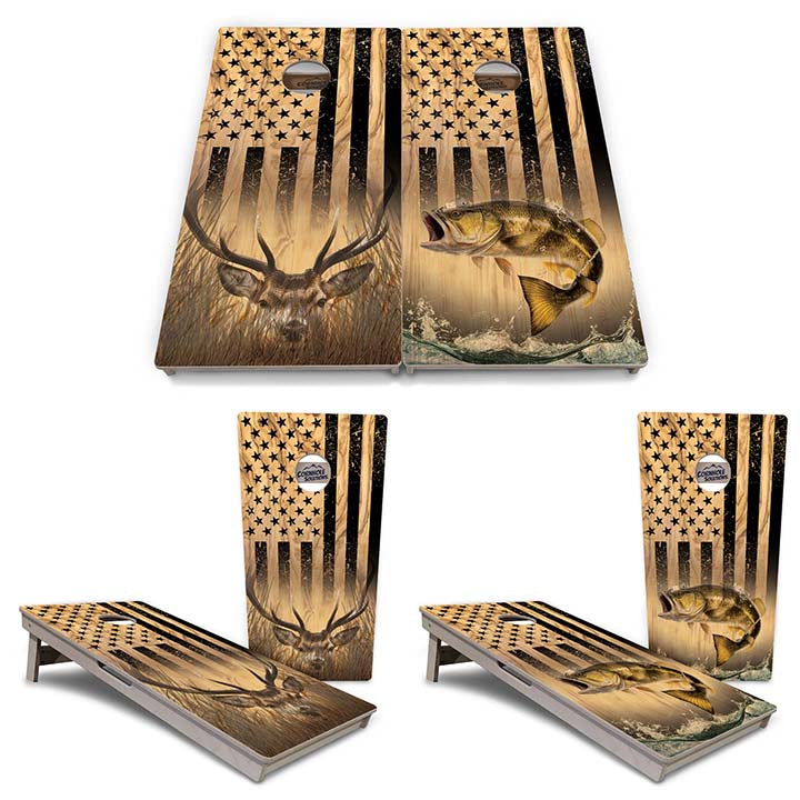 Light Wood Flag Deer & Fish Cornhole Boards - Professional Tournament Series