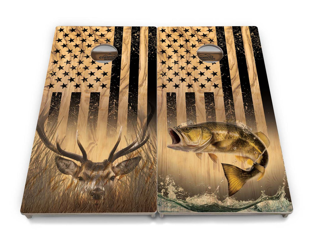 Light Wood Flag Deer & Fish Cornhole Boards - Professional Tournament Series