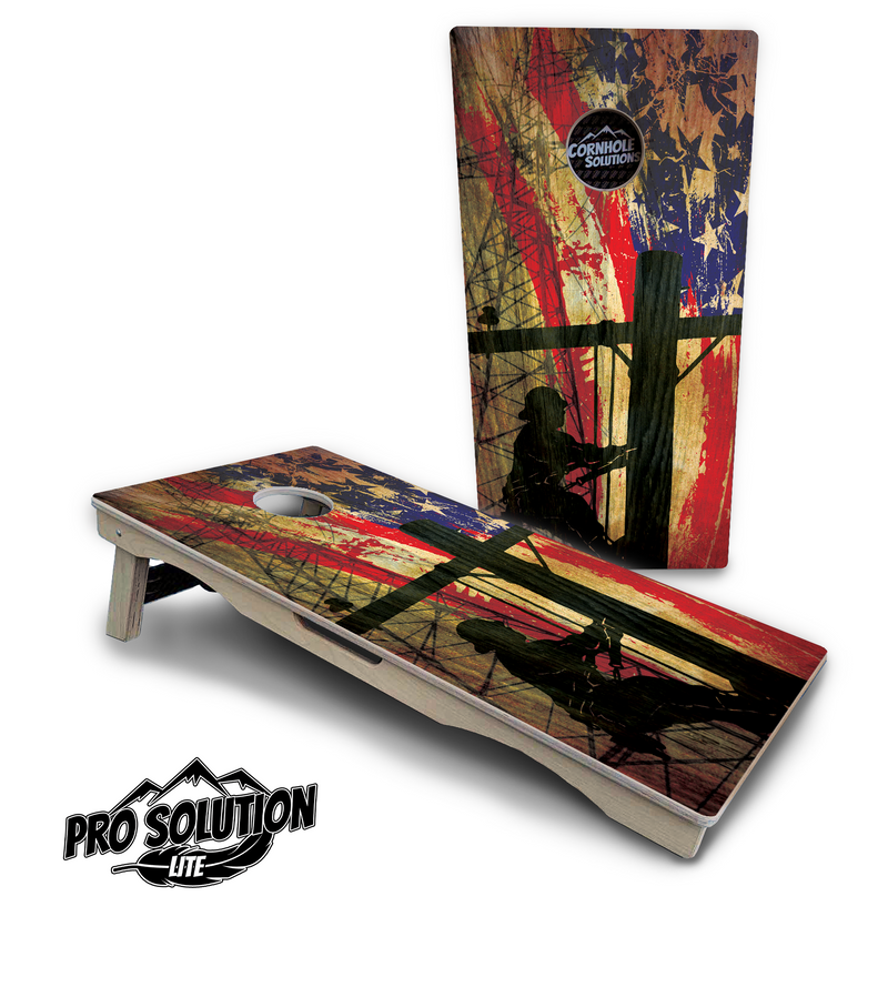 Pro Solution Lite - Faded Lineman Flag - Professional Tournament Cornhole Boards 3/4" Baltic Birch - Zero Bounce Zero Movement Vertical Interlocking Braces for Extra Weight & Stability +Double Thick Legs +Airmail Blocker