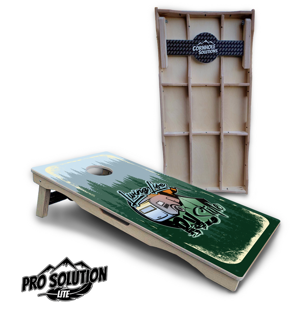 Pro Solution Lite - Living Life RV Style - Professional Tournament Cornhole Boards 3/4" Baltic Birch - Zero Bounce Zero Movement Vertical Interlocking Braces for Extra Weight & Stability +Double Thick Legs +Airmail Blocker