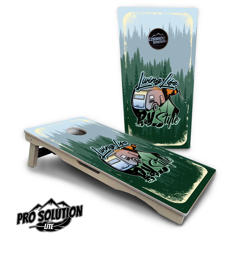 Pro Solution Lite - Living Life RV Style - Professional Tournament Cornhole Boards 3/4" Baltic Birch - Zero Bounce Zero Movement Vertical Interlocking Braces for Extra Weight & Stability +Double Thick Legs +Airmail Blocker