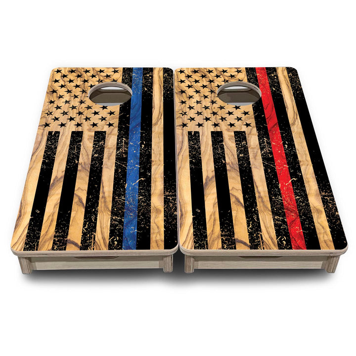 Light Wood Blue & Red Line Flag - Mini or Vacation Size Cornhole Boards