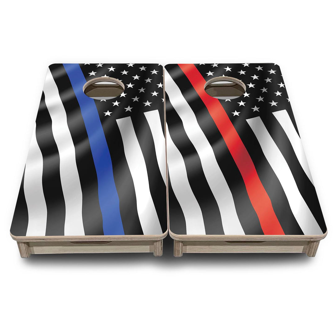 B&W Blue & Red Line Wavy Flag - Mini or Vacation Size Cornhole Boards