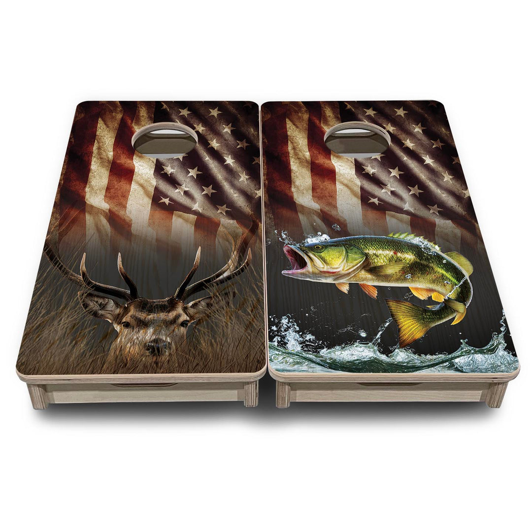 Rustic Wavy Deer & Fish Flag - Mini or Vacation Size Cornhole Boards
