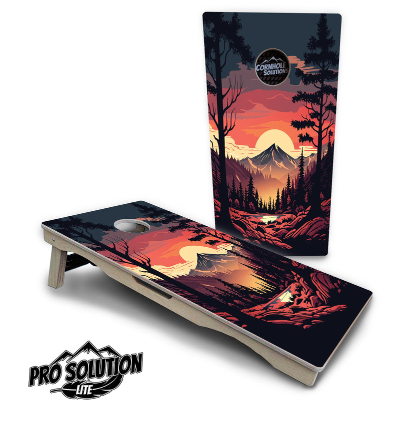 Pro Solution Elite - Mountain Sunset Ai Design Options - Professional Tournament Cornhole Boards 3/4" Baltic Birch - Zero Bounce Zero Movement Vertical Interlocking Braces for Extra Weight & Stability +Double Thick Legs +Airmail Blocker