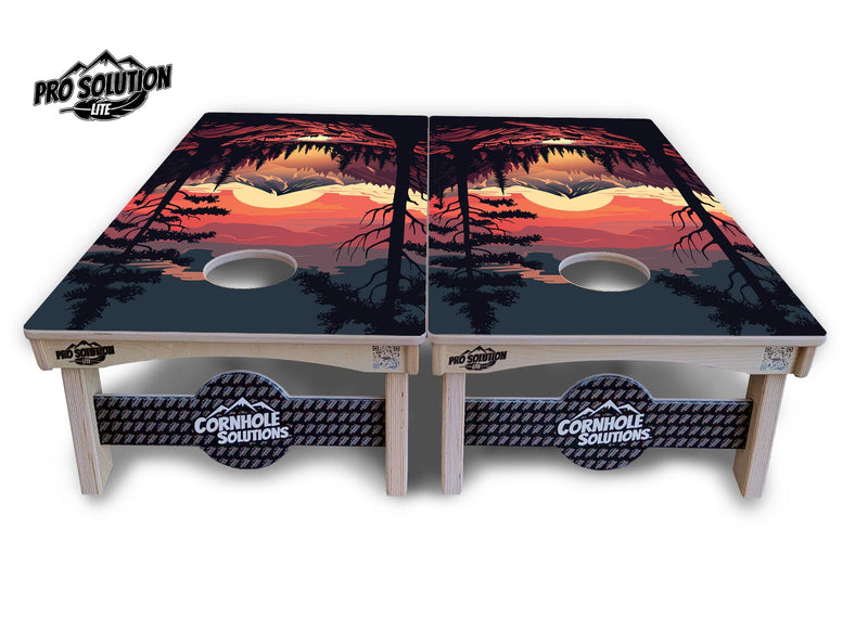 Pro Solution Elite - Mountain Sunset Ai Design Options - Professional Tournament Cornhole Boards 3/4" Baltic Birch - Zero Bounce Zero Movement Vertical Interlocking Braces for Extra Weight & Stability +Double Thick Legs +Airmail Blocker