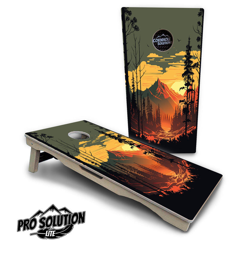 Pro Solution Elite - Mountain Sunset Ai Design Options - Professional Tournament Cornhole Boards 3/4" Baltic Birch - Zero Bounce Zero Movement Vertical Interlocking Braces for Extra Weight & Stability +Double Thick Legs +Airmail Blocker