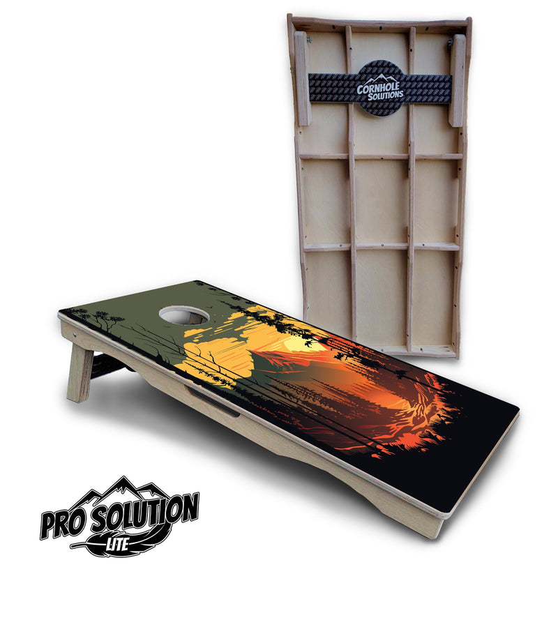 Pro Solution Elite - Mountain Sunset Ai Design Options - Professional Tournament Cornhole Boards 3/4" Baltic Birch - Zero Bounce Zero Movement Vertical Interlocking Braces for Extra Weight & Stability +Double Thick Legs +Airmail Blocker