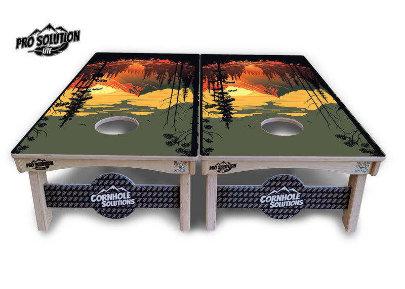 Pro Solution Elite - Mountain Sunset Ai Design Options - Professional Tournament Cornhole Boards 3/4" Baltic Birch - Zero Bounce Zero Movement Vertical Interlocking Braces for Extra Weight & Stability +Double Thick Legs +Airmail Blocker