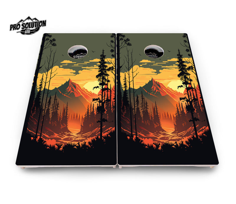 Pro Solution Elite - Mountain Sunset Ai Design Options - Professional Tournament Cornhole Boards 3/4" Baltic Birch - Zero Bounce Zero Movement Vertical Interlocking Braces for Extra Weight & Stability +Double Thick Legs +Airmail Blocker