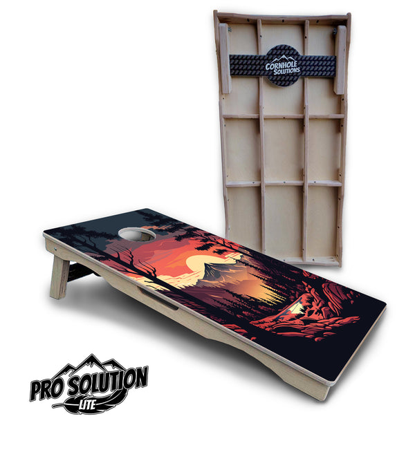 Pro Solution Lite - Mountain Sunset Ai Design Options - Professional Tournament Cornhole Boards 3/4" Baltic Birch - Zero Bounce Zero Movement Vertical Interlocking Braces for Extra Weight & Stability +Double Thick Legs +Airmail Blocker