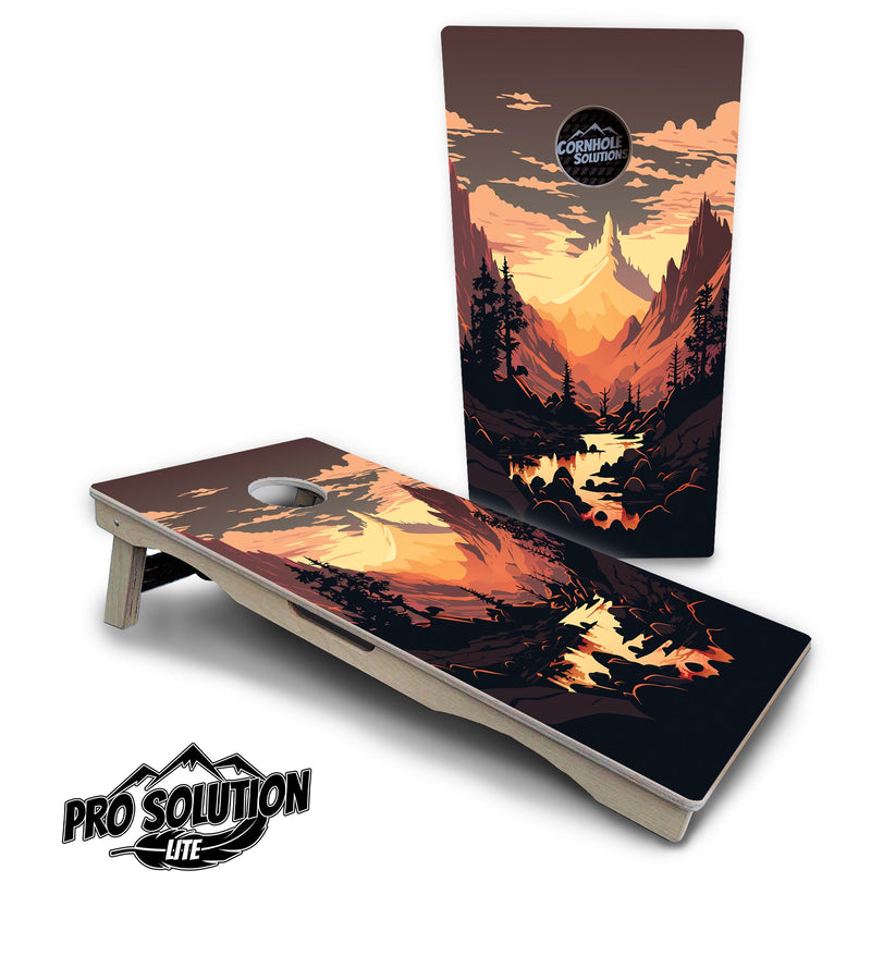 Pro Solution Elite - Mountain Sunset Ai Design Options - Professional Tournament Cornhole Boards 3/4" Baltic Birch - Zero Bounce Zero Movement Vertical Interlocking Braces for Extra Weight & Stability +Double Thick Legs +Airmail Blocker