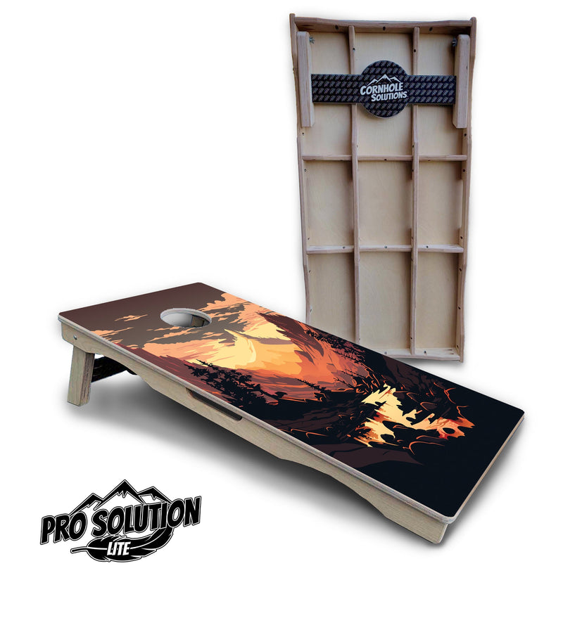 Pro Solution Elite - Mountain Sunset Ai Design Options - Professional Tournament Cornhole Boards 3/4" Baltic Birch - Zero Bounce Zero Movement Vertical Interlocking Braces for Extra Weight & Stability +Double Thick Legs +Airmail Blocker