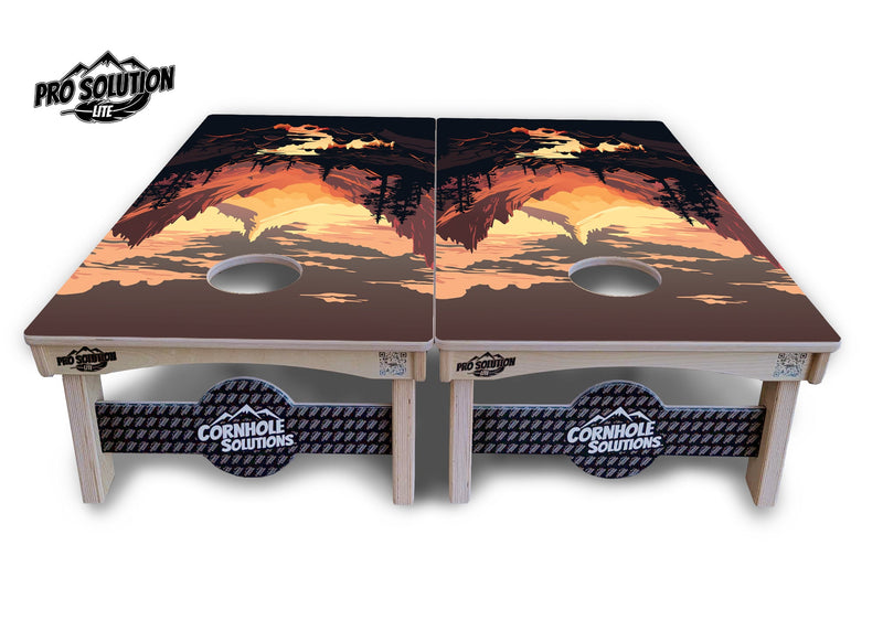 Pro Solution Elite - Mountain Sunset Ai Design Options - Professional Tournament Cornhole Boards 3/4" Baltic Birch - Zero Bounce Zero Movement Vertical Interlocking Braces for Extra Weight & Stability +Double Thick Legs +Airmail Blocker