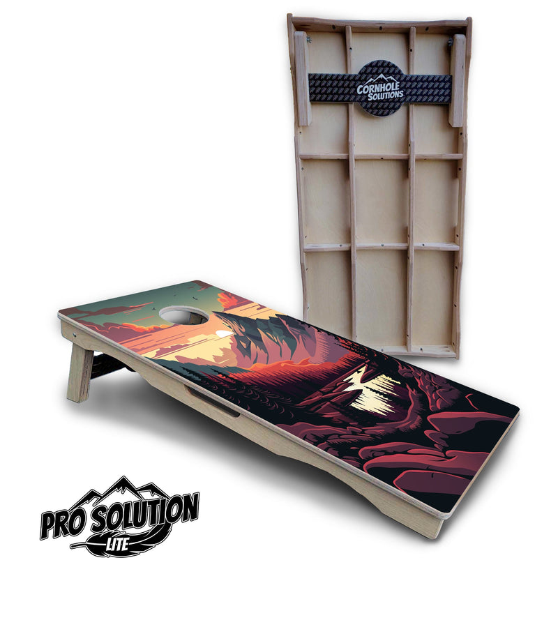 Pro Solution Elite - Mountain Sunset Ai Design Options - Professional Tournament Cornhole Boards 3/4" Baltic Birch - Zero Bounce Zero Movement Vertical Interlocking Braces for Extra Weight & Stability +Double Thick Legs +Airmail Blocker