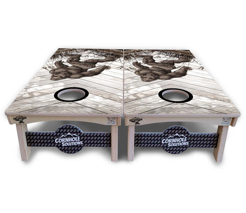 Pro Solution Elite - Bigfoot Whitewash Black Hole Design - Professional Tournament Cornhole Boards 3/4" Baltic Birch - Zero Bounce Zero Movement Vertical Interlocking Braces for Extra Weight & Stability +Double Thick Legs +Airmail Blocker