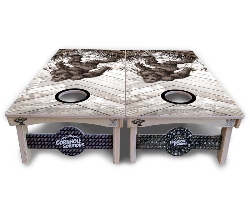 Pro Solution Elite - Bigfoot Whitewash Black Hole Design - Professional Tournament Cornhole Boards 3/4" Baltic Birch - Zero Bounce Zero Movement Vertical Interlocking Braces for Extra Weight & Stability +Double Thick Legs +Airmail Blocker