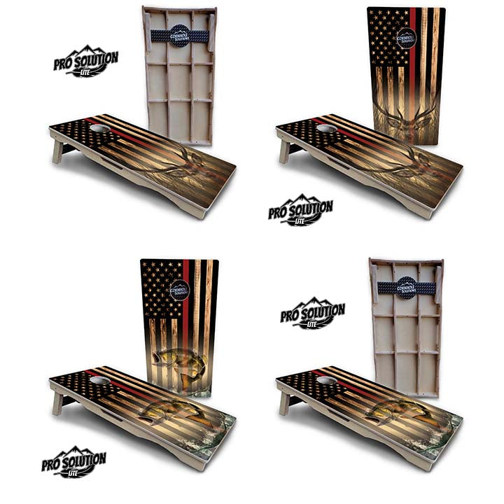 Pro Solution Elite - Red Line Deer & Fish Flag Design Options - Professional Tournament Cornhole Boards 3/4" Baltic Birch - Zero Bounce Zero Movement Vertical Interlocking Braces for Extra Weight & Stability +Double Thick Legs +Airmail Blocker