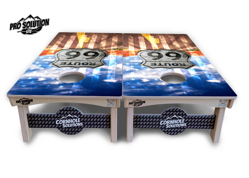 Pro Solution Lite - Route 66 - Professional Tournament Cornhole Boards 3/4" Baltic Birch - Zero Bounce Zero Movement Vertical Interlocking Braces for Extra Weight & Stability +Double Thick Legs +Airmail Blocker