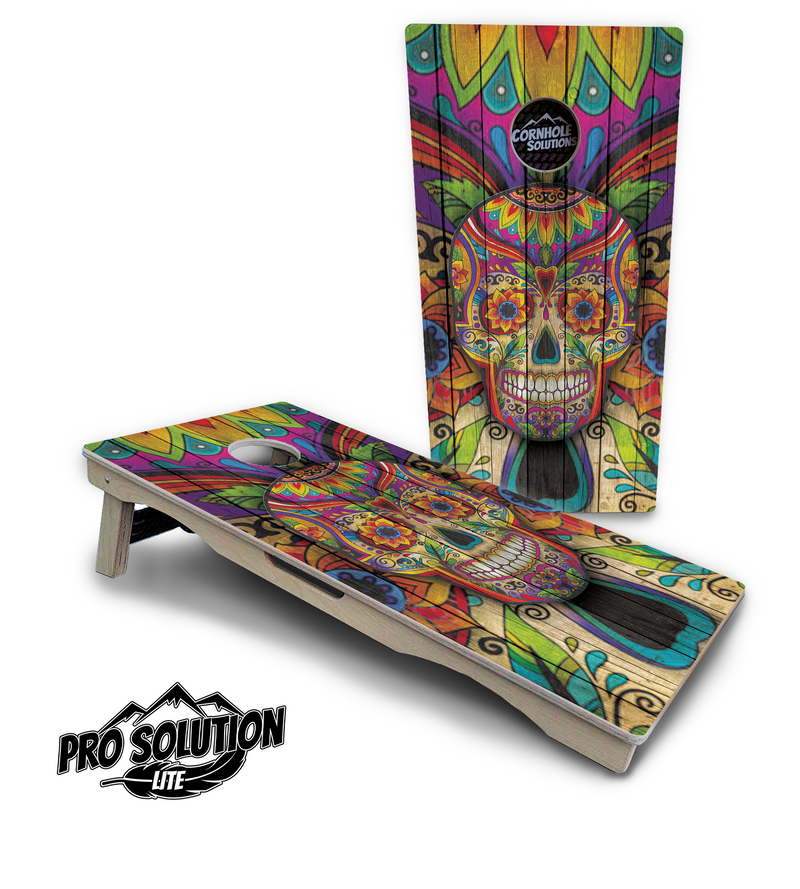 Pro Solution Lite - Sugar Skull Design Options - Professional Tournament Cornhole Boards 3/4" Baltic Birch - Zero Bounce Zero Movement Vertical Interlocking Braces for Extra Weight & Stability +Double Thick Legs +Airmail Blocker