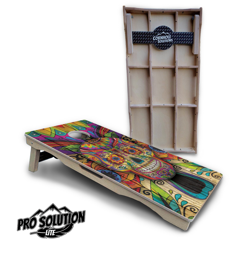 Pro Solution Lite - Sugar Skull Design Options - Professional Tournament Cornhole Boards 3/4" Baltic Birch - Zero Bounce Zero Movement Vertical Interlocking Braces for Extra Weight & Stability +Double Thick Legs +Airmail Blocker