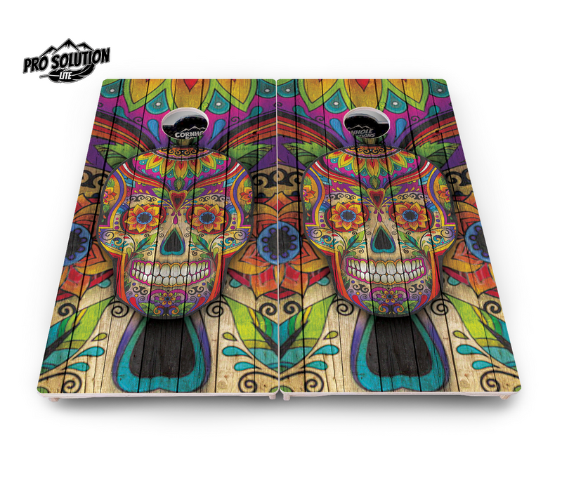 Pro Solution Lite - Sugar Skull Design Options - Professional Tournament Cornhole Boards 3/4" Baltic Birch - Zero Bounce Zero Movement Vertical Interlocking Braces for Extra Weight & Stability +Double Thick Legs +Airmail Blocker