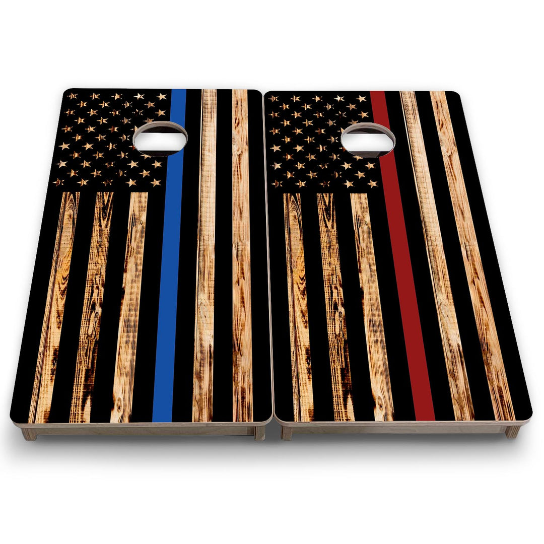Blue & Red Line Burnt Flag - Mini or Vacation Size Cornhole Boards