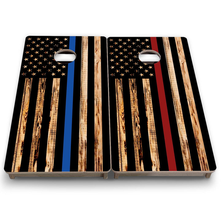 Blue & Red Line Burnt Flag - Mini or Vacation Size Cornhole Boards