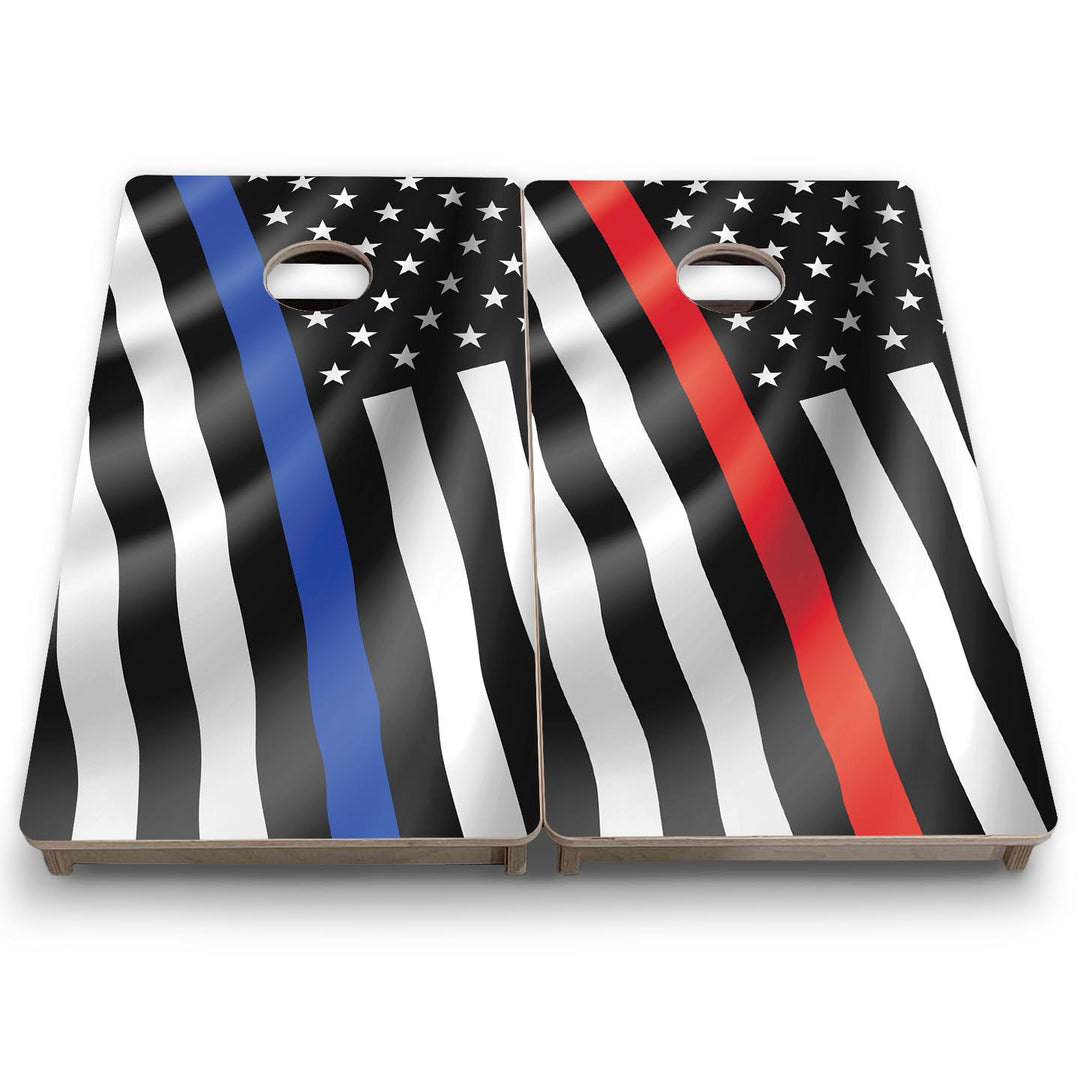 B&W Blue & Red Line Wavy Flag - Mini or Vacation Size Cornhole Boards