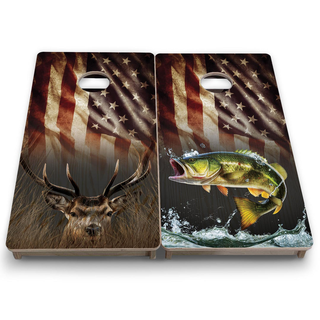 Rustic Wavy Deer & Fish Flag - Mini or Vacation Size Cornhole Boards